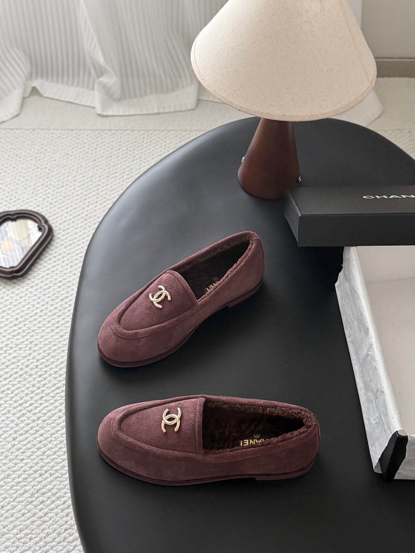 CHANEL 26S LOAFERS IN PURPLE SUEDE AND SHEARLING LINING
