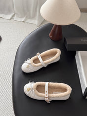 CHANEL 26S MARY JANE FLATS IN WHITE LAMBSKIN AND SHEARLING