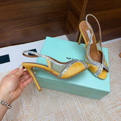 AQUAZZURA 26S HEELED SLINGBACK SANDALS 100 MM IN YELLOW RAFFIA TEXTURE