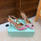 AQUAZZURA 26S HEELED SLINGBACK SANDALS 100 MM IN PINK RAFFIA TEXTURE