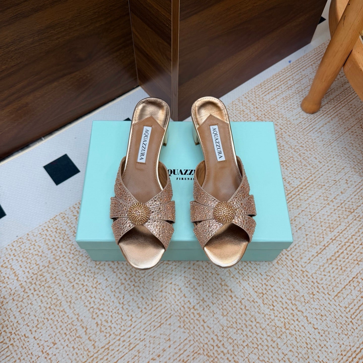AQUAZZURA 26S CELESTE SLIDE SANDALS 55 MM IN COPPER GOLD CALFSKIN