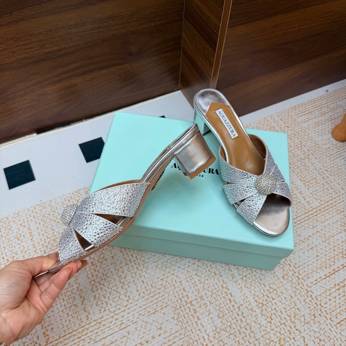 AQUAZZURA 26S CELESTE SLIDE SANDALS 55 MM IN SILVER CALFSKIN
