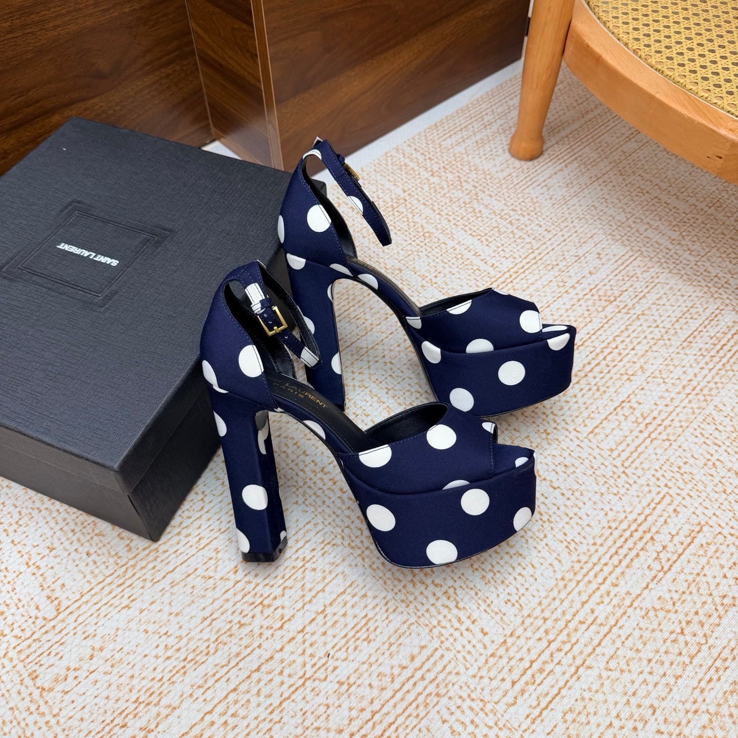 YSL 26S HEEL SANDALS 125 MM IN NAVY BLUE & WHITE POLKA-DOT SATIN