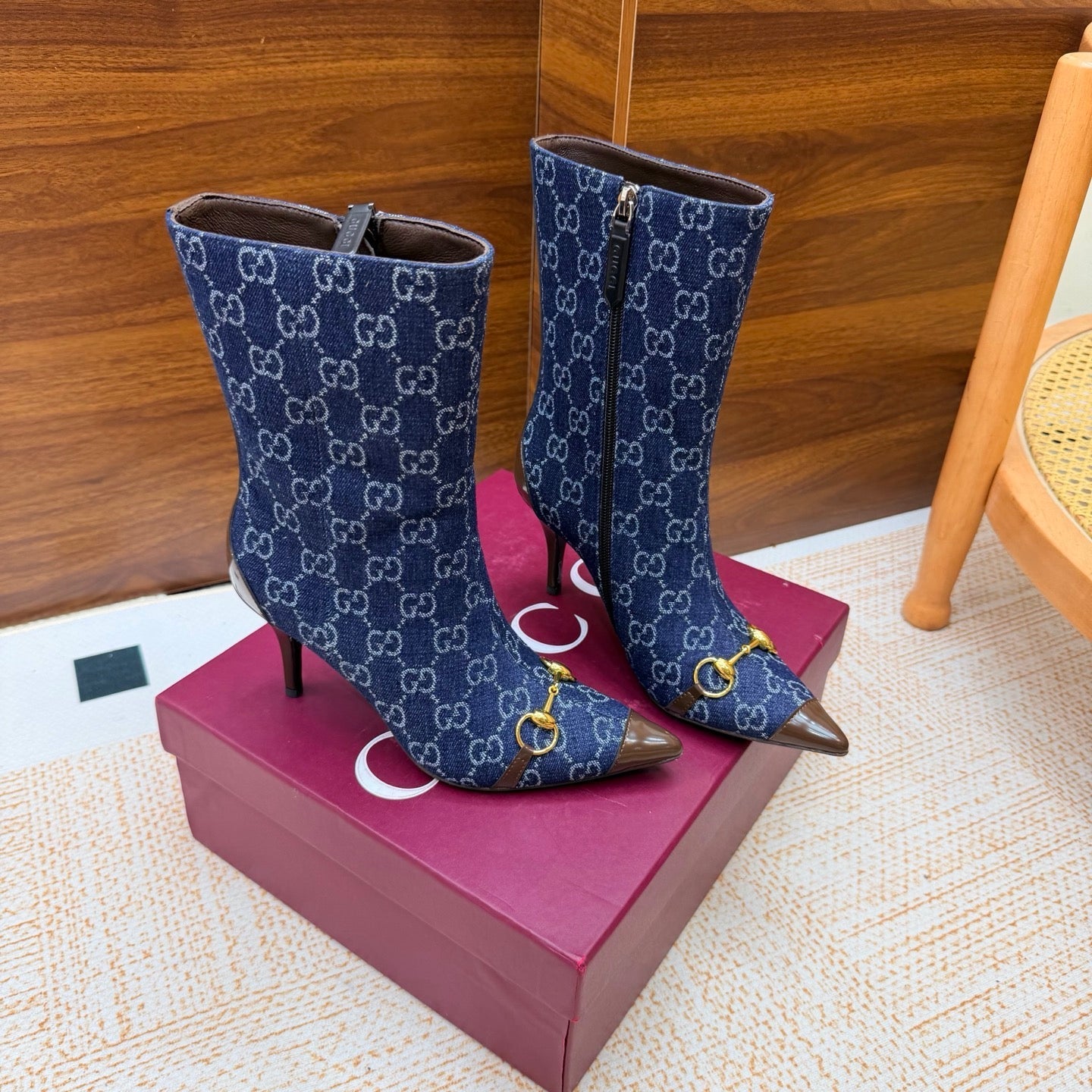 GUCCI 26S ANKLE BOOTS 85 MM IN BLUE DENIM AND BROWN CALFSKIN