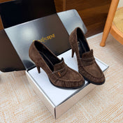 YSL 26S HIGH HEEL LOAFERS 110 MM IN TAUPE SUEDE