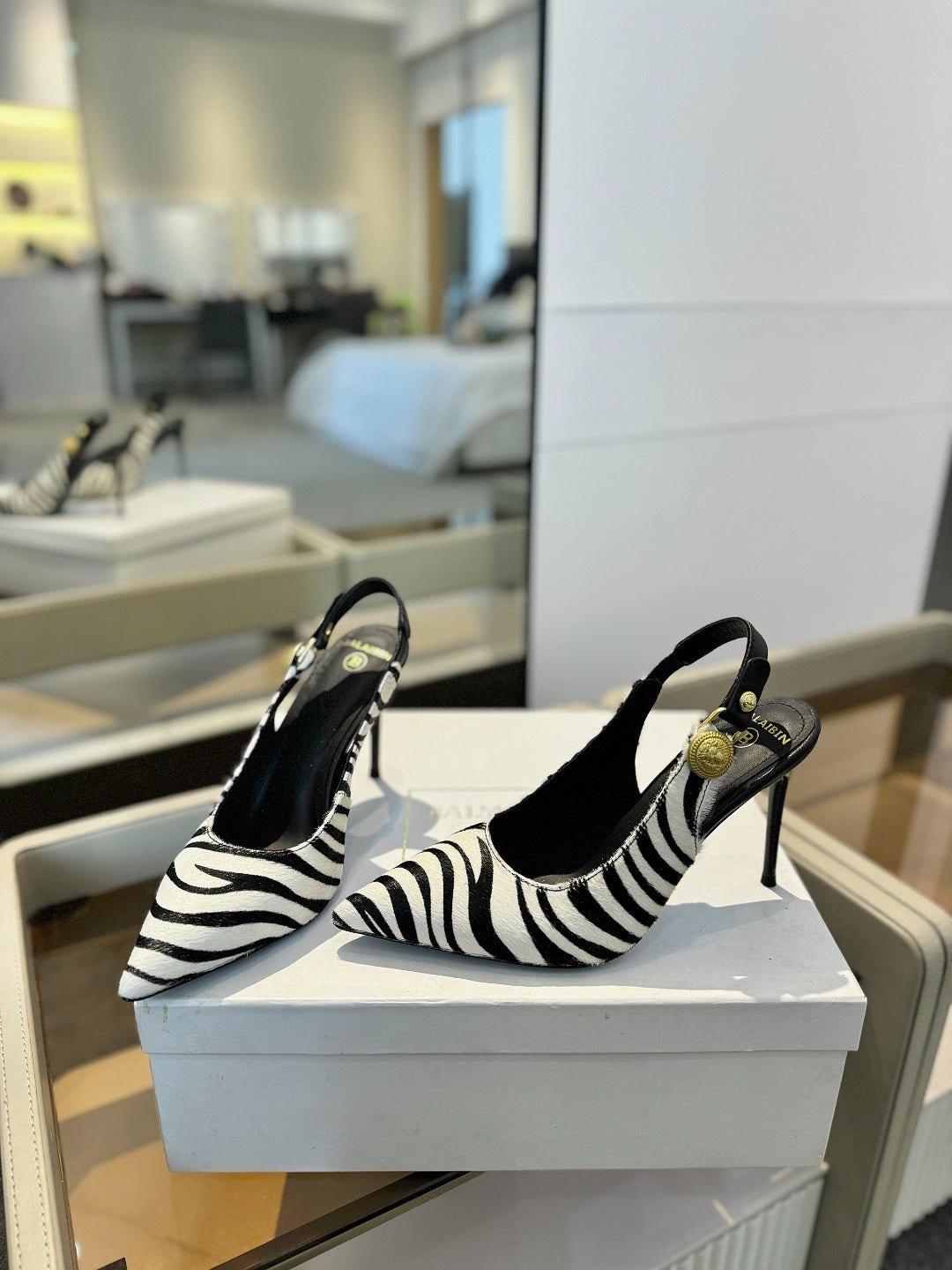 BALMAIN 25S SLINGBACK EVA 95MM IN WHITE AND BLACK ZEBRA PRINT CALFSKIN