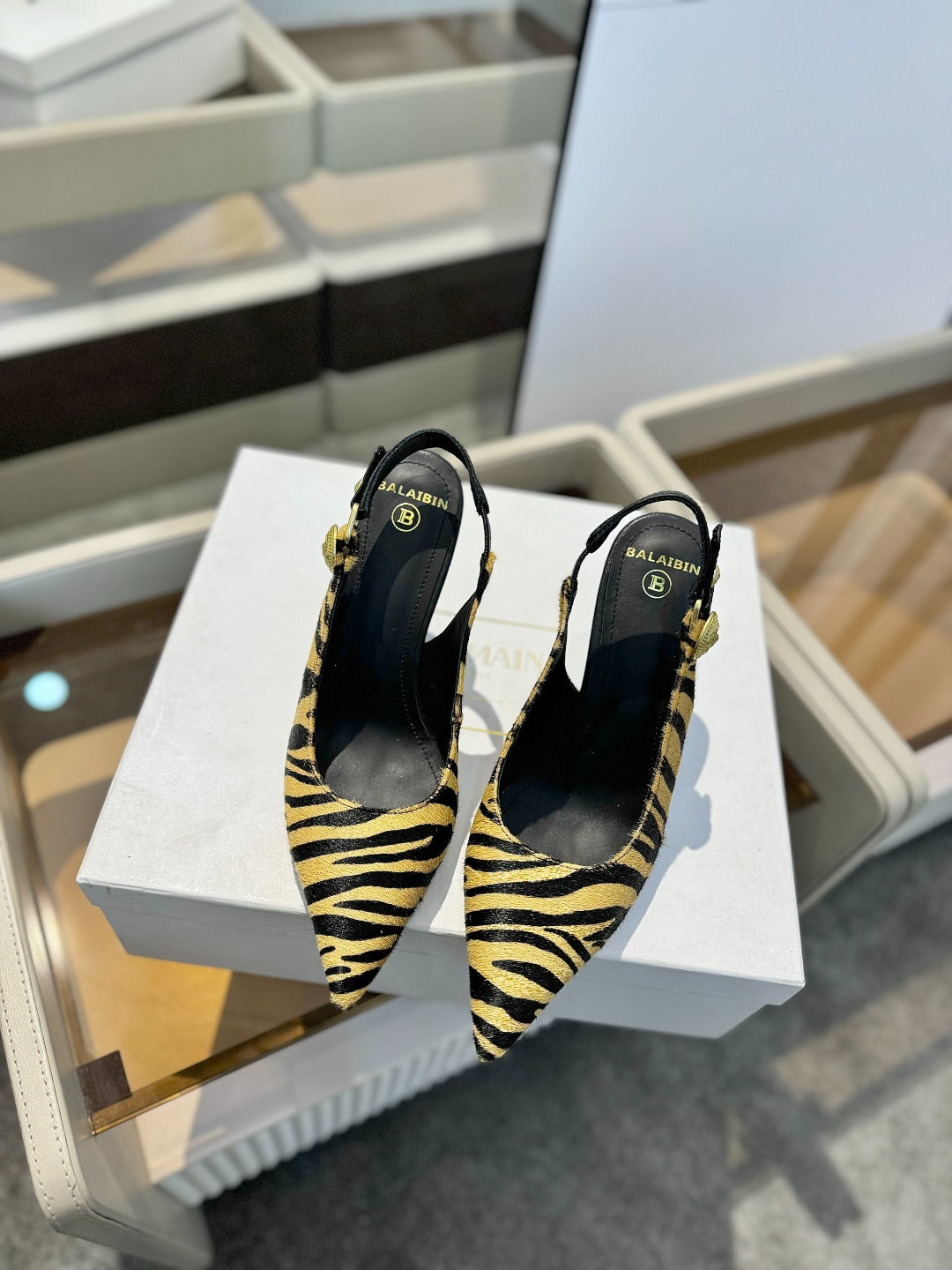 BALMAIN 25S SLINGBACK EVA 95MM IN YELLOW AND BLACK ZEBRA PRINT CALFSKIN