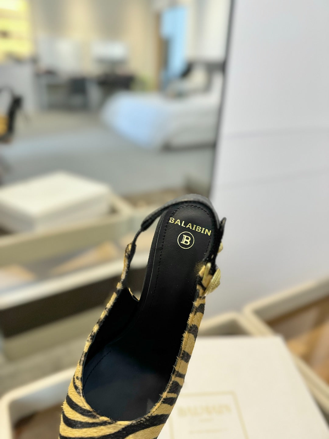 BALMAIN 25S SLINGBACK EVA 95MM IN YELLOW AND BLACK ZEBRA PRINT CALFSKIN