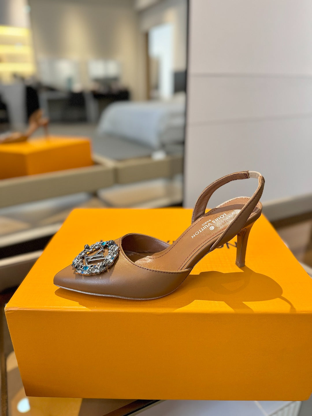 HIGH HEEL 75 MM SLINGBACK IN BRONZE BROWN CALFSKIN WITH CRYSTAL