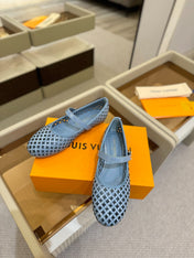 ROMY FLAT BALLERINA IN CERULEAN BLUE MESH PATENT CALFSKIN