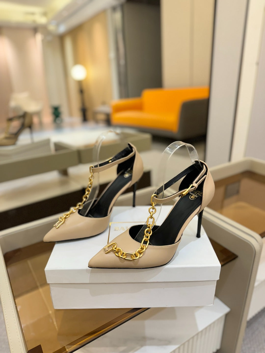 BALMAIN 25S SYNC STILETTOS WITH POINTED TOE 95MM IN BEIGE CALFSKIN