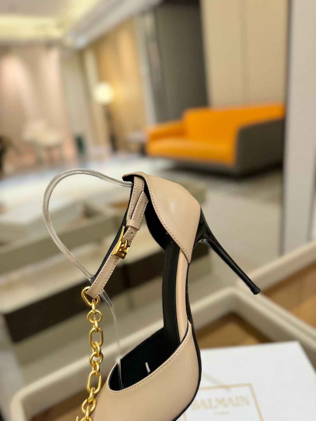 BALMAIN 25S SYNC STILETTOS WITH POINTED TOE 95MM IN BEIGE CALFSKIN