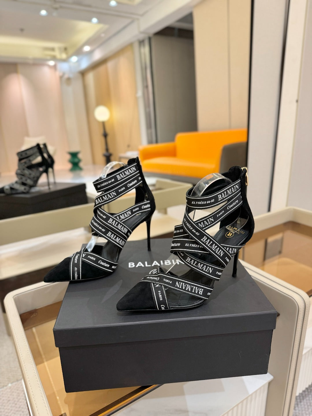 BALMAIN 25S HIGH HEELS LOGO RIBBON 95MM IN BLACK FULL SUEDE