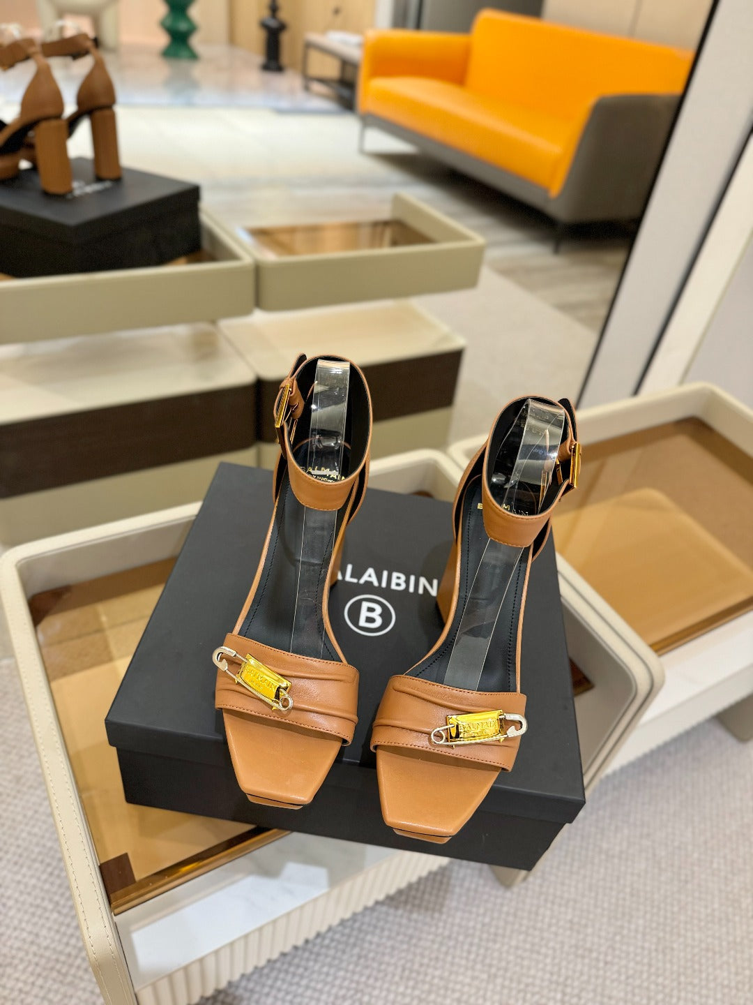 BALMAIN 25S WEDGE HEELS 100MM IN BROWN CALFSKIN