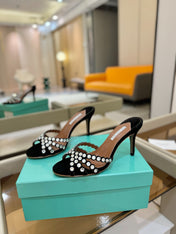 AQUAZZURA 26S TEQUILA HEELED SANDALS 85 MM IN BLACK SUEDE