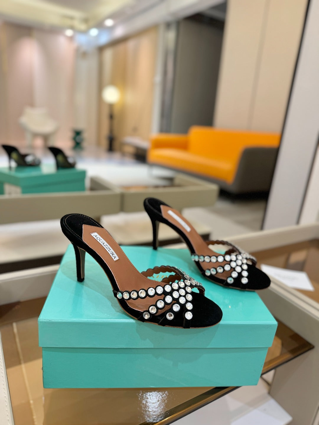 AQUAZZURA 26S TEQUILA HEELED SANDALS 85 MM IN BLACK SUEDE