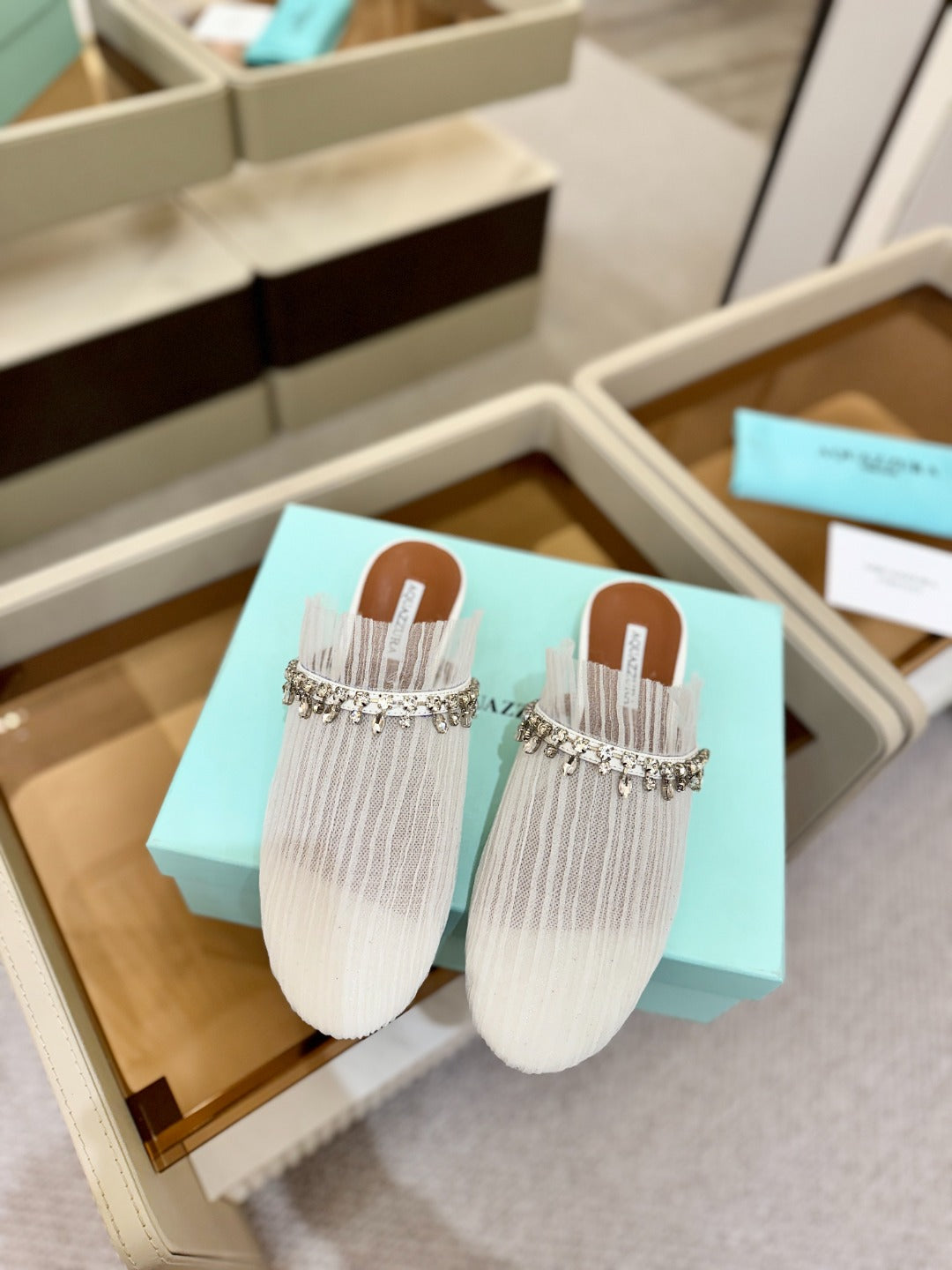AQUAZZURA 26S FLAT MULES IN WHITE MESH CRYSTAL EMBELLISHMENTS