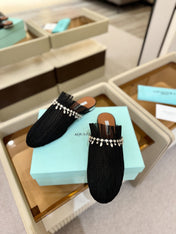 AQUAZZURA 26S FLAT MULES IN BLACK MESH CRYSTAL EMBELLISHMENTS