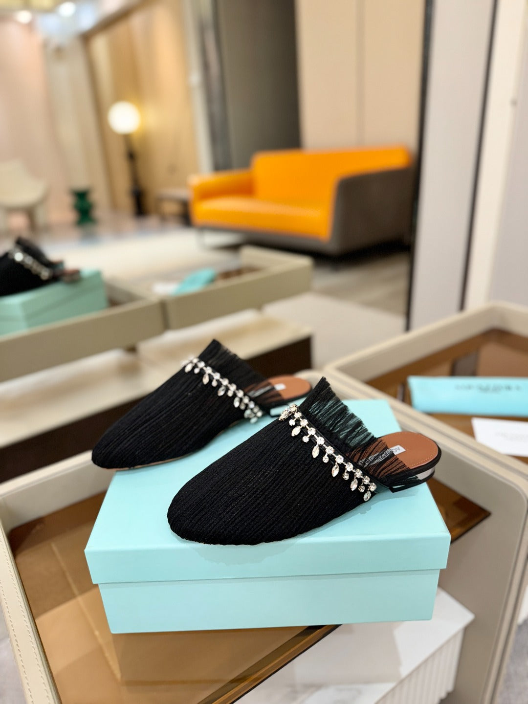 AQUAZZURA 26S FLAT MULES IN BLACK MESH CRYSTAL EMBELLISHMENTS