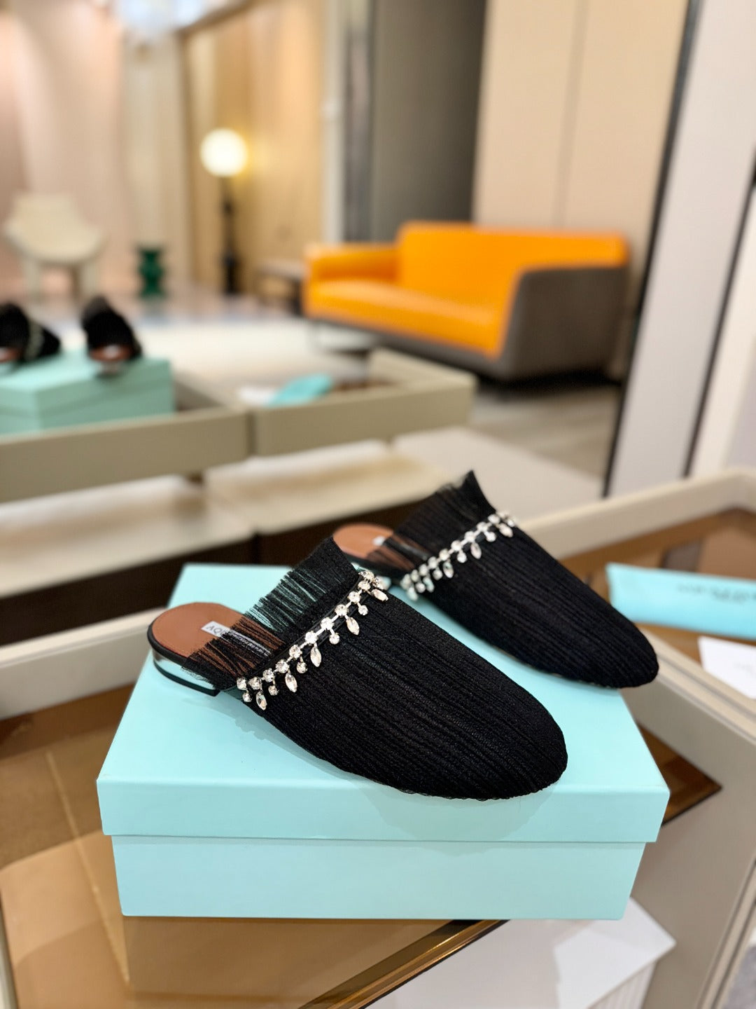 AQUAZZURA 26S FLAT MULES IN BLACK MESH CRYSTAL EMBELLISHMENTS