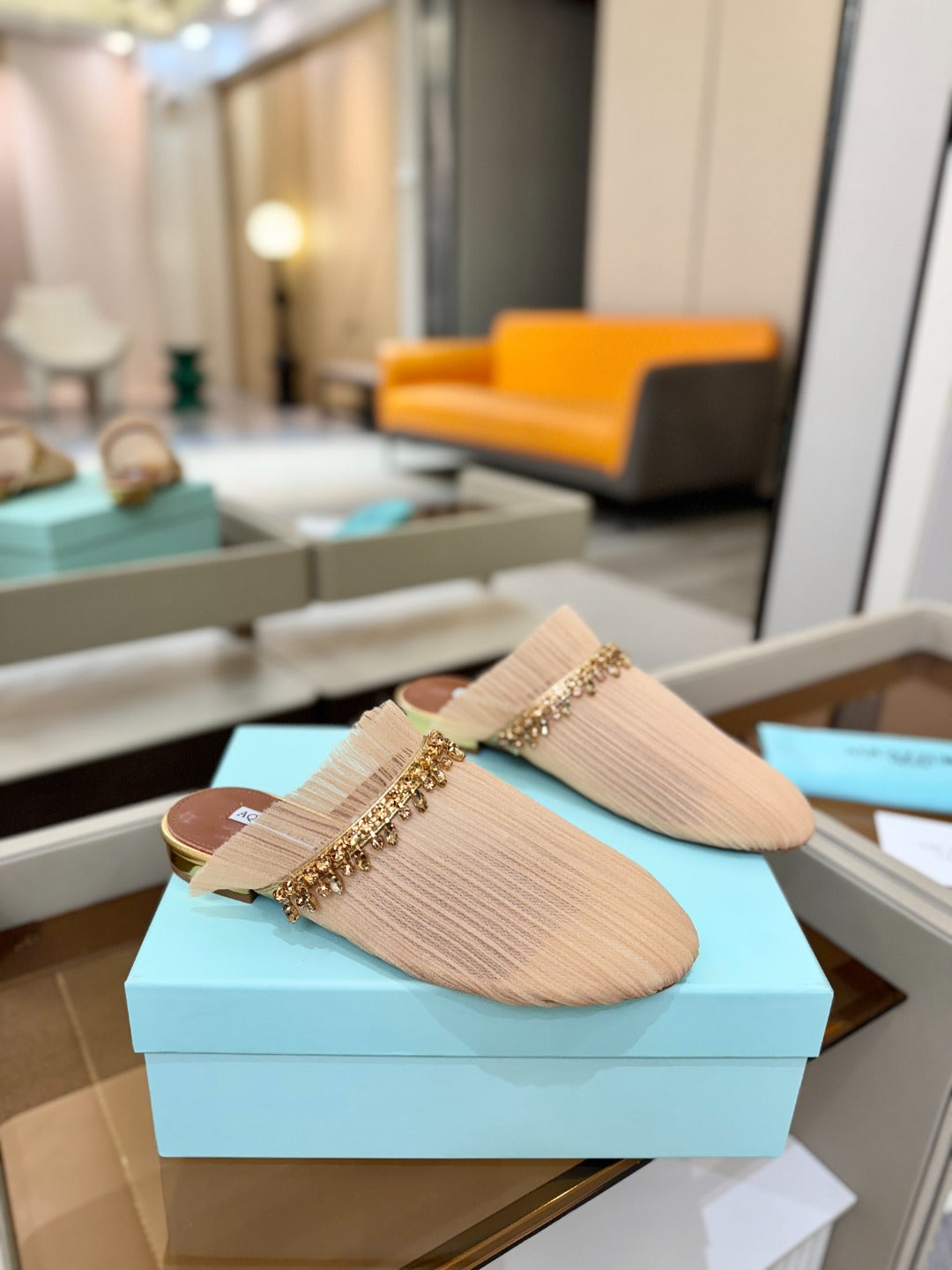 AQUAZZURA 26S FLAT MULES IN BEIGE MESH CRYSTAL EMBELLISHMENTS