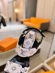 LV 26S HIGH HEEL SANDALS 100 MM IN CREAM WHITE AND BLACK CALFSKIN