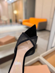 GIANVITO ROSSI 26S POINTED TOE HIGH HEELS 85 MM IN BLACK SUEDE WITH RHINESTONE STRAP