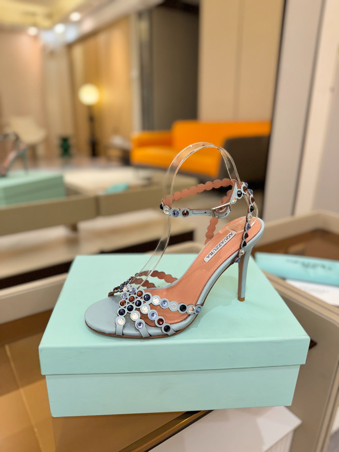 AQUAZZURA 26S STRAPPY HIGH HEELS 105 MM IN LIGHT BLUE LAMBSKIN