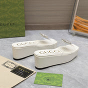 HIGH WEDGE PLATFORM IN WHITE GLOSSY CALFSKIN WITH DOUBLE CRYSTAL G BUCKLE