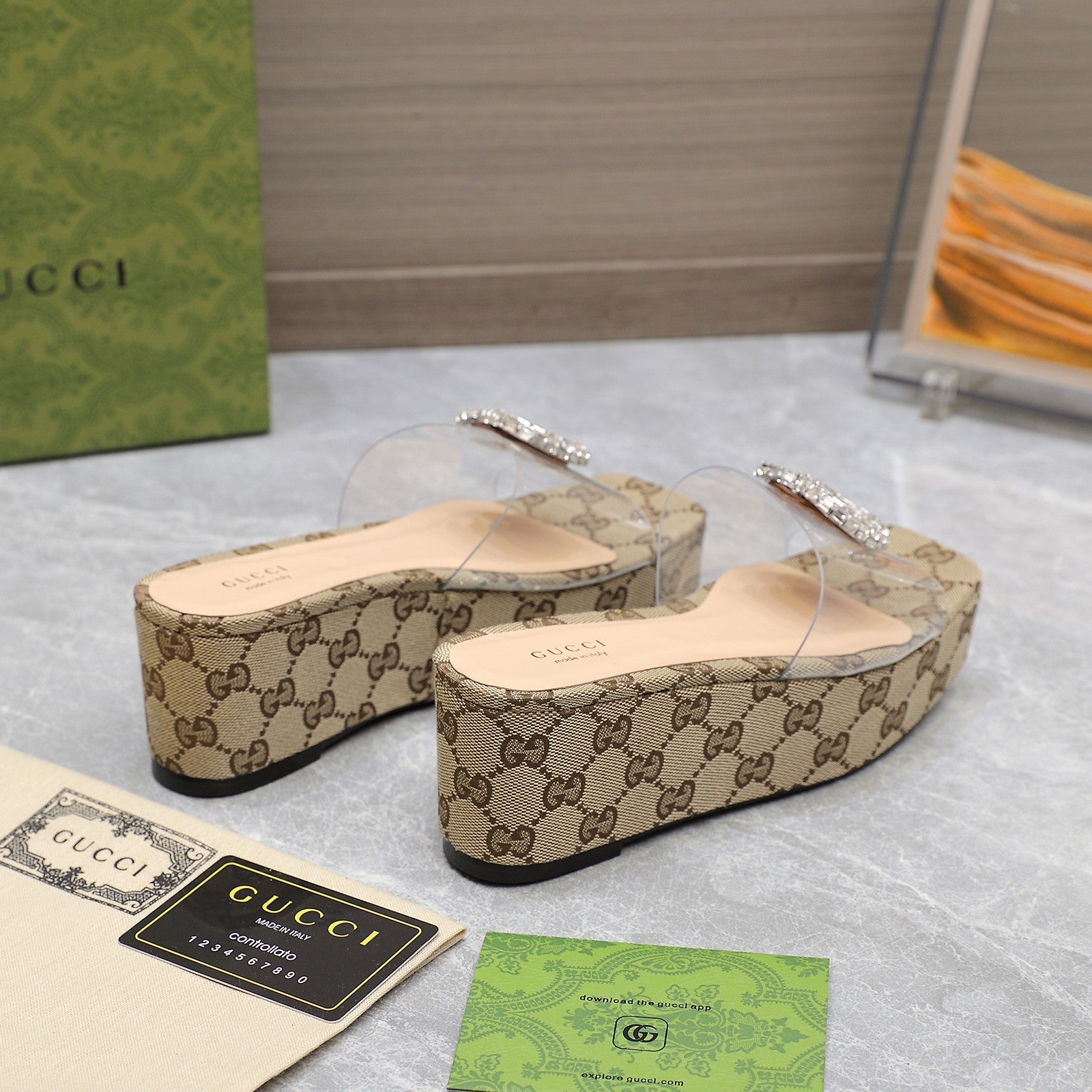 HIGH WEDGE PLATFORM IN CAMEL BEIGE CANVAS WITH DOUBLE CRYSTAL G BUCKLE