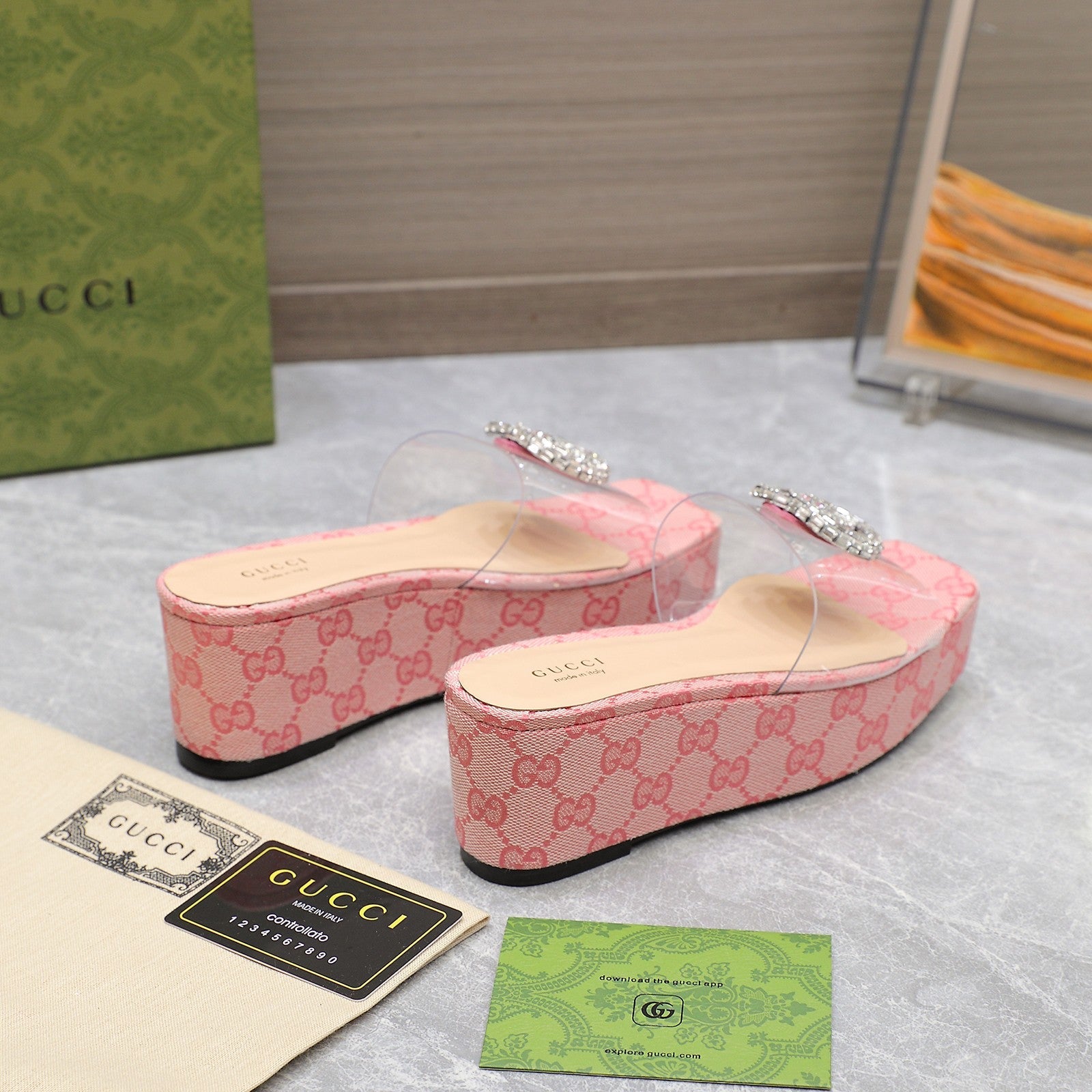 HIGH WEDGE PLATFORM IN LIGHT PINK CANVAS WITH DOUBLE CRYSTAL G BUCKLE