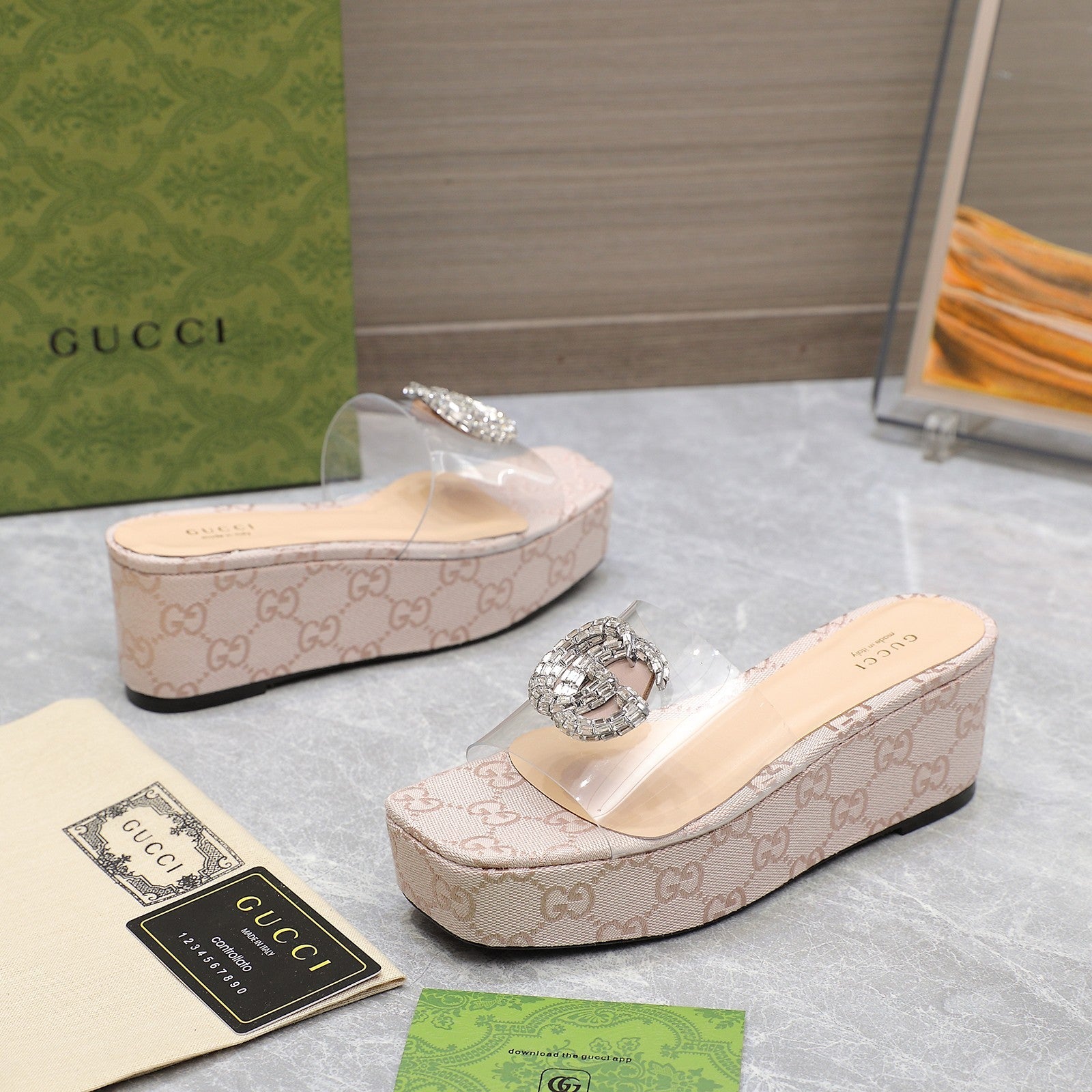 HIGH WEDGE PLATFORM IN ALMOND BEIGE CANVAS WITH DOUBLE CRYSTAL G BUCKLE