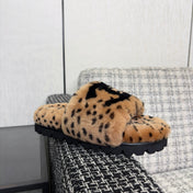 CHANEL 26S PLATFORM SLIDE SANDALS IN CAMEL AND BLACK SHEARLING DALMATIAN PRINT