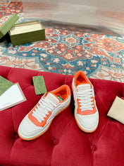 GUCCI 26S SNEAKERS IN WHITE MESH FABRIC AND ORANGE CALFSKIN