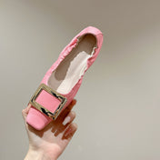 BELLE VIVIER BALLERINAS IN PINK SHINY LAMBSKIN GOLD PATENT SQUARE BUCKLE