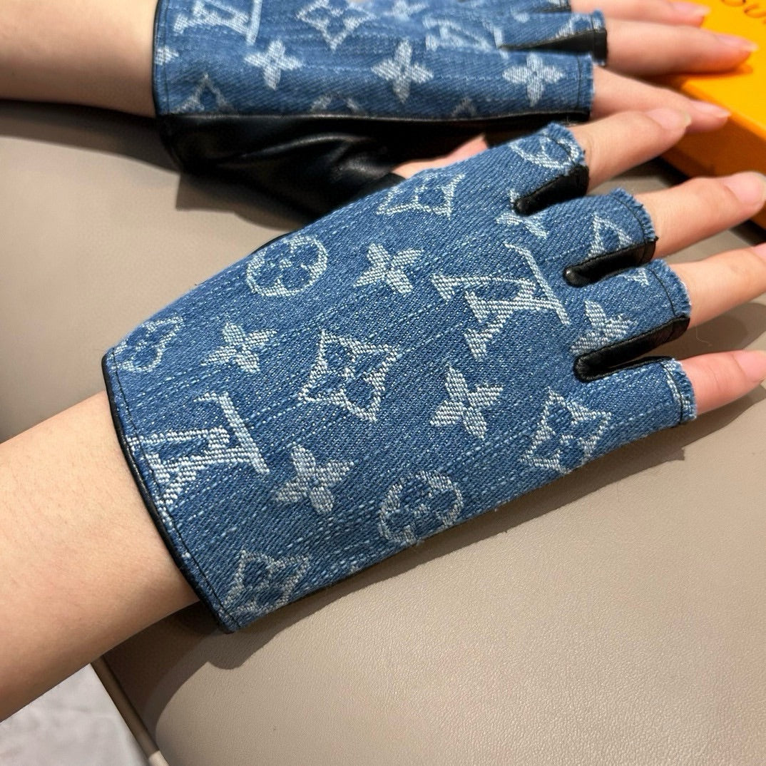FINGERLESS GLOVES IN ELECTRIC BLUE MONOGRAM DENIM AND BLACK LAMBSKIN 460107