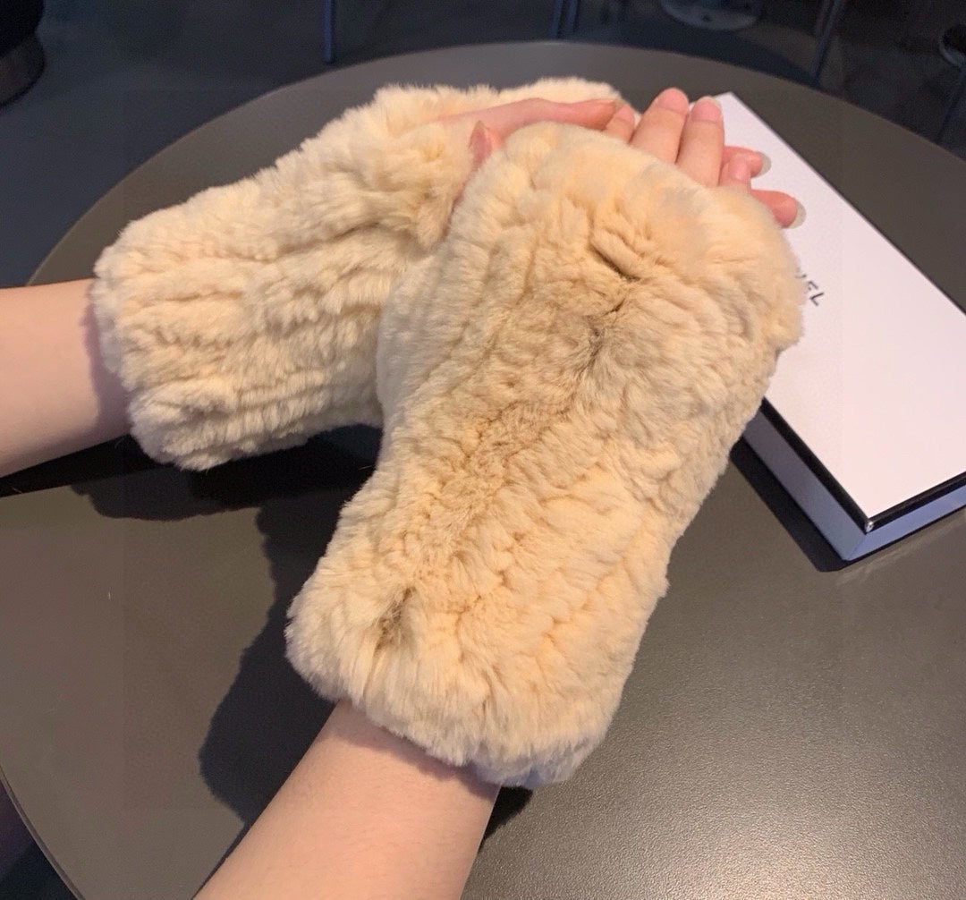 FINGERLESS HALF GLOVES IN BEIGE CREAM RABBIT FUR 462277
