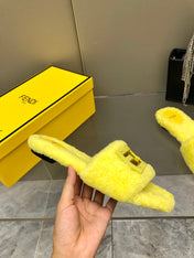 FENDI BAGUETTE SLIDE SLIPPERS IN BRIGHT YELLOW WOOL