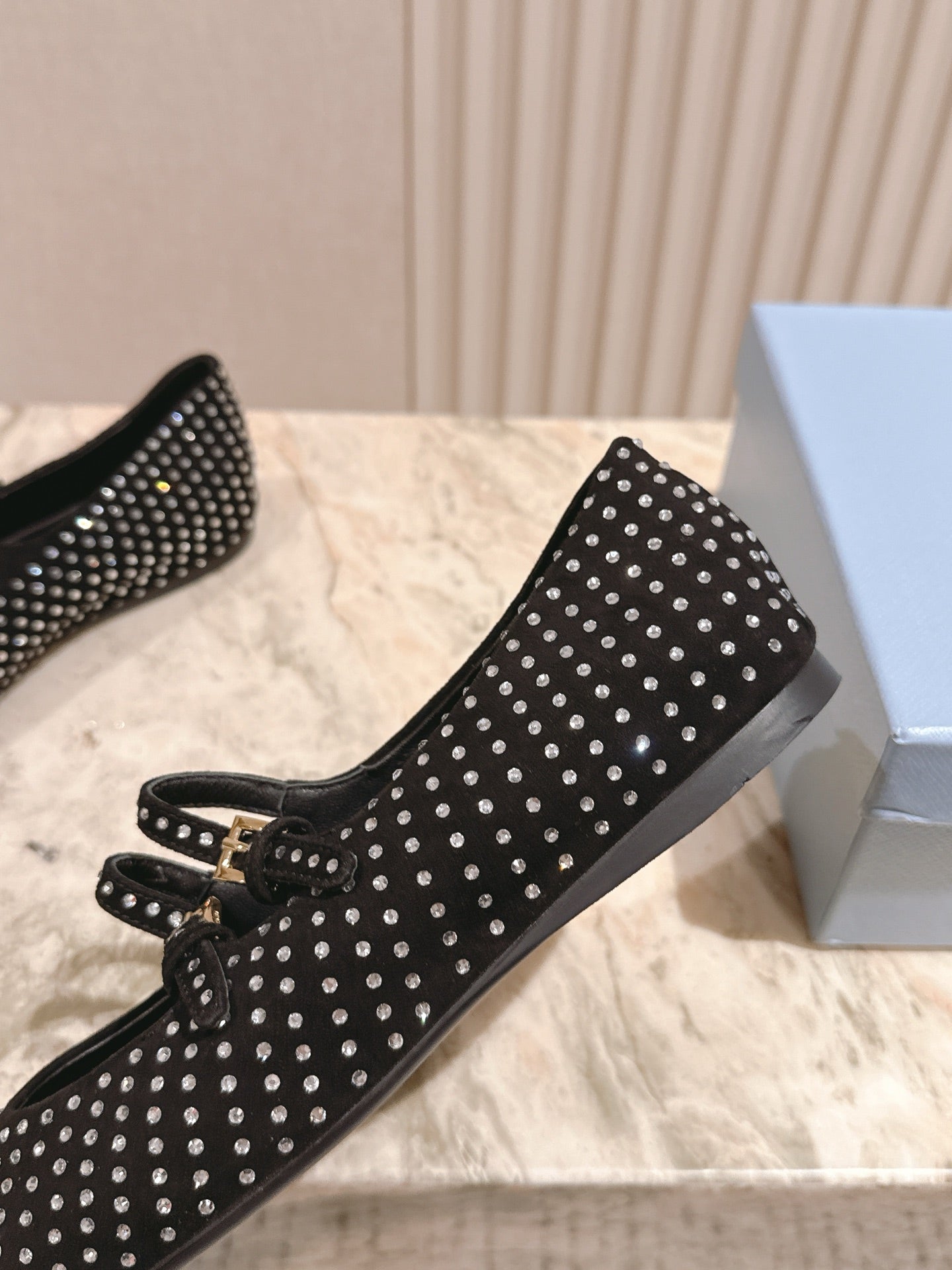 PRADA 25S CRYSTAL EMBELLISHED BALLERINA IN BLACK SUEDE