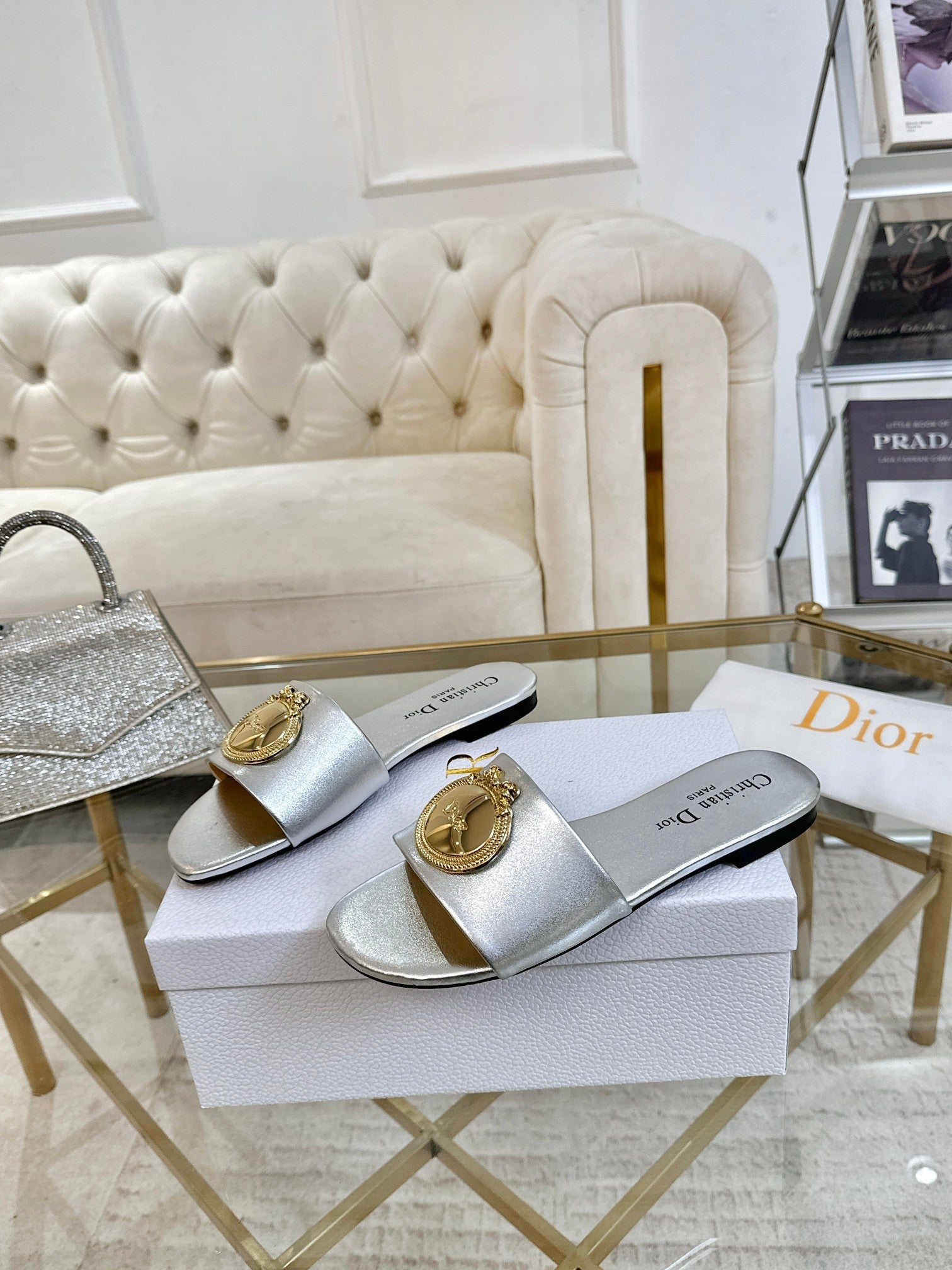 DIOR 26S  FLAT SLIDE SANDALS IN SILVER CALFSKIN WITH GOLD HARDWARE