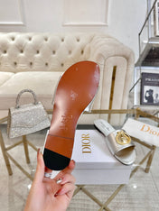 DIOR 26S  FLAT SLIDE SANDALS IN SILVER CALFSKIN WITH GOLD HARDWARE