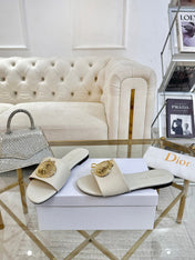 DIOR 26S  FLAT SLIDE SANDALS IN IVORY WHITE CALFSKIN WITH GOLD HARDWARE