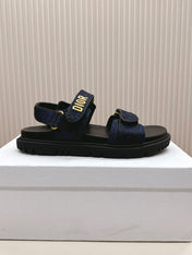 DIOR BACK-STRAP SANDALS 25S IN MIDNIGHT BLUE FABRIC AND BLACK CALFSKIN WITH GOLD HARDWARE