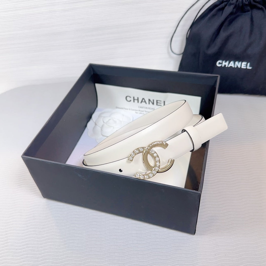 CC BELT 20 MM IN BEIGE CREAM SMOOTH CALFSKIN GOLD HARDWARE ATTACH RHINSTONE