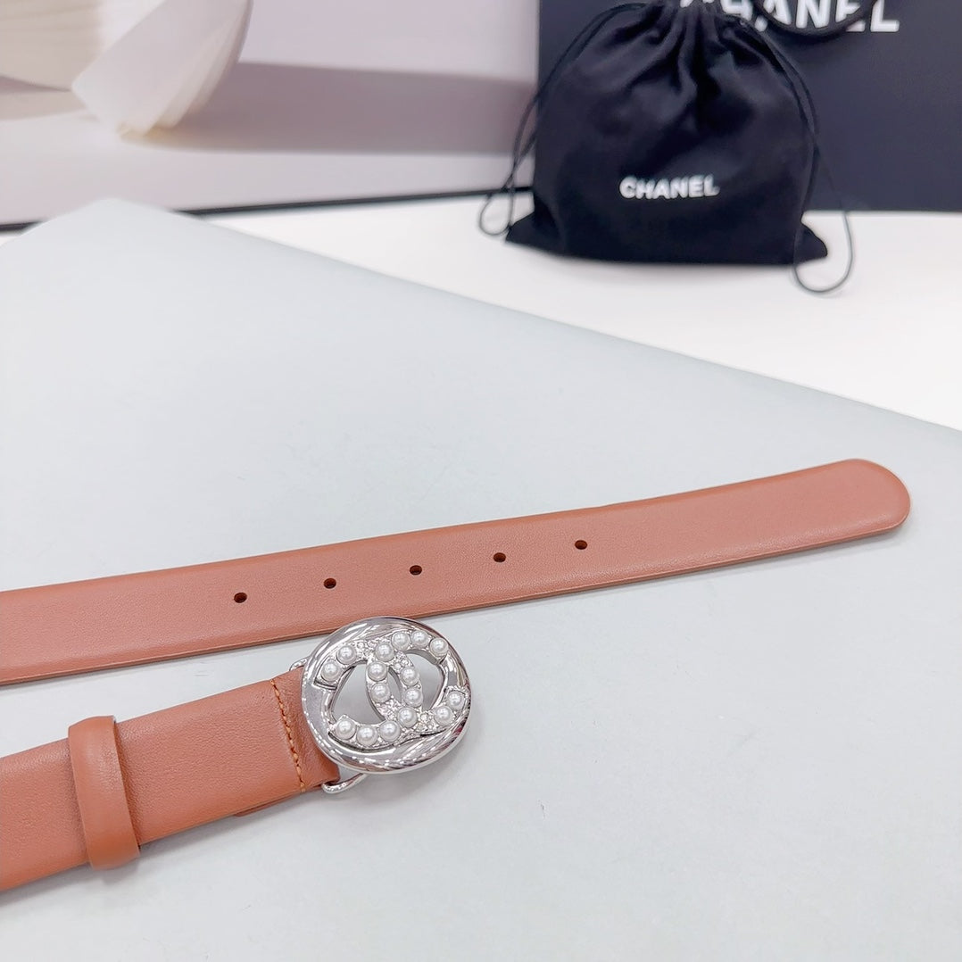CC 30MM BELT IN ALLOY ORANGE CALFSKIN SILVER HARDWARE ATTACH PEARLS