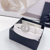 CC 30MM BELT IN WHITE CALFSKIN SILVER HARDWARE ATTACH PEARLS