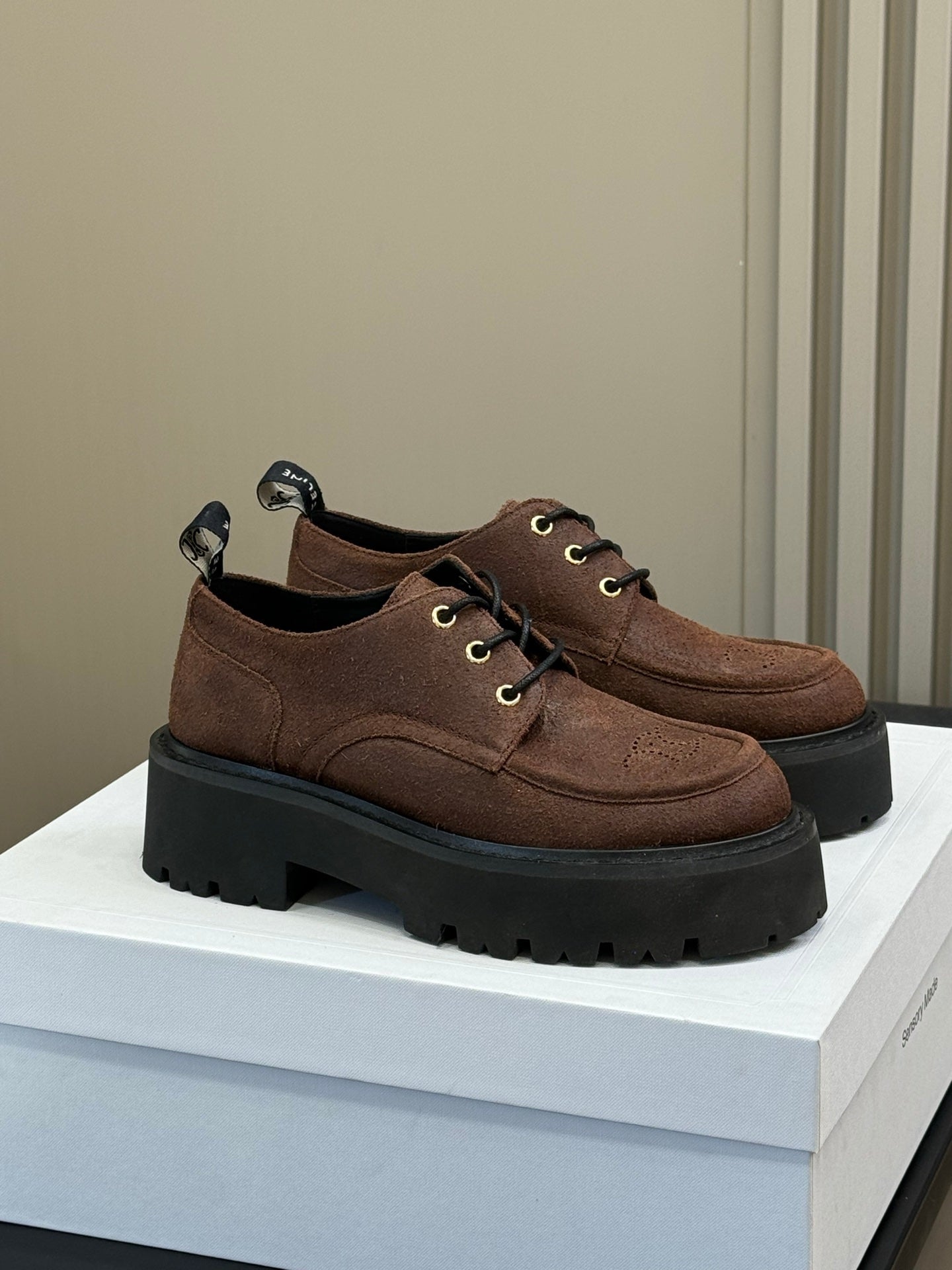 CELINE 25S THICK SOLED LOAFERS IN BROWN CALFSKIN SUEDE