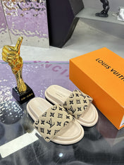 LV 26S POOL PILLOW SLIDES IN BEIGE BLACK MONOGRAM DENIM AND CALFSKIN