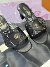 LV 26S BLOCK HEEL MULE SANDALS IN BLACK EMBOSSED CALFSKIN GOLD HARDWARE