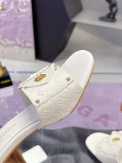 LV 26S BLOCK HEEL MULE SANDALS IN WHITE EMBOSSED CALFSKIN GOLD HARDWARE